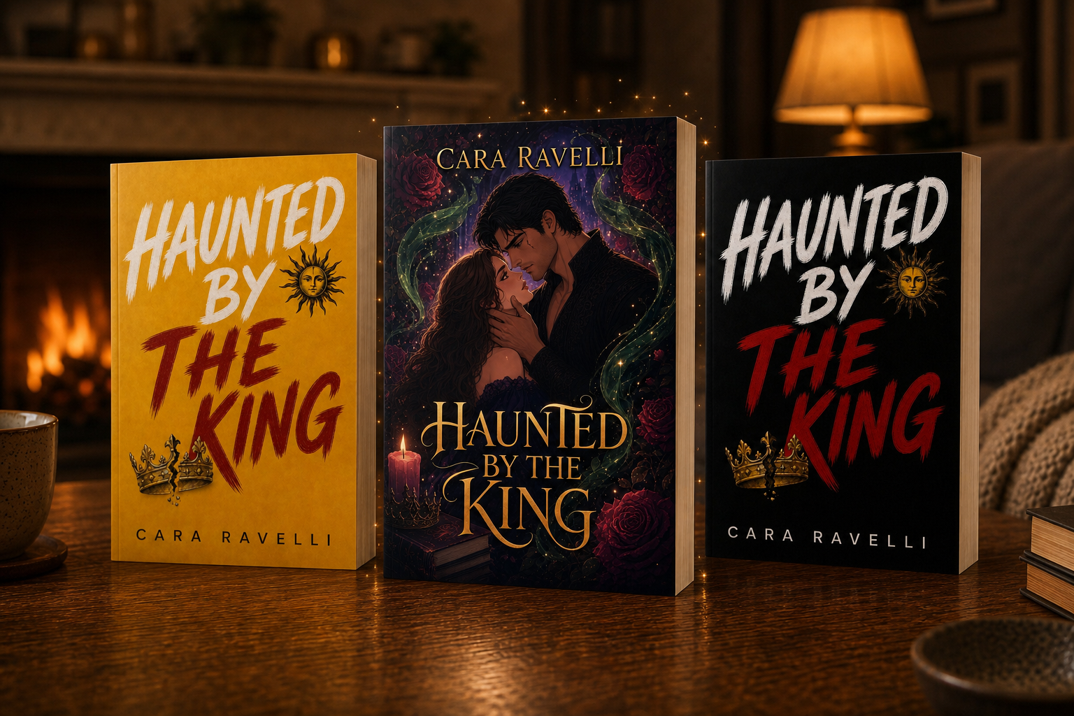 Sun, Once Upon a Curse, and Midnight editions of Haunted by the King by Cara Ravelli