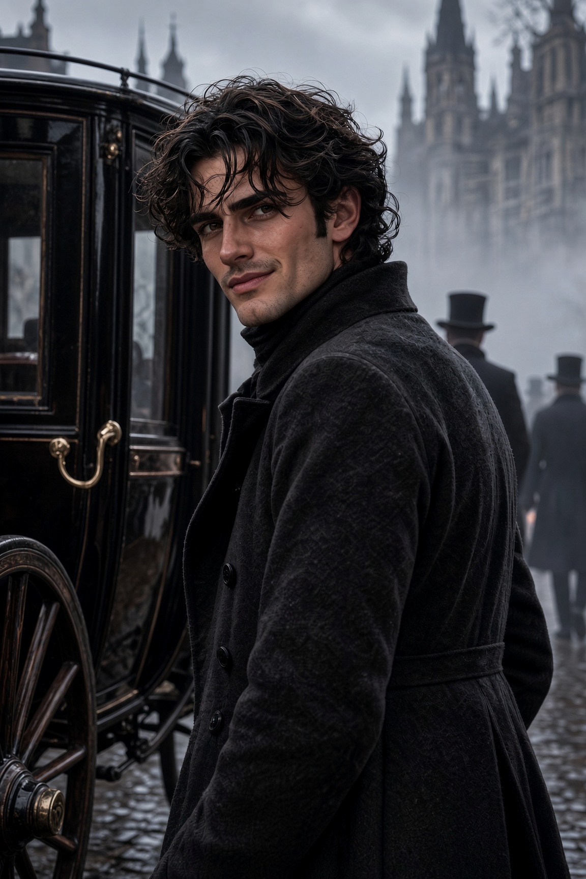 Gabriel Ashworth beside a carriage in the mist