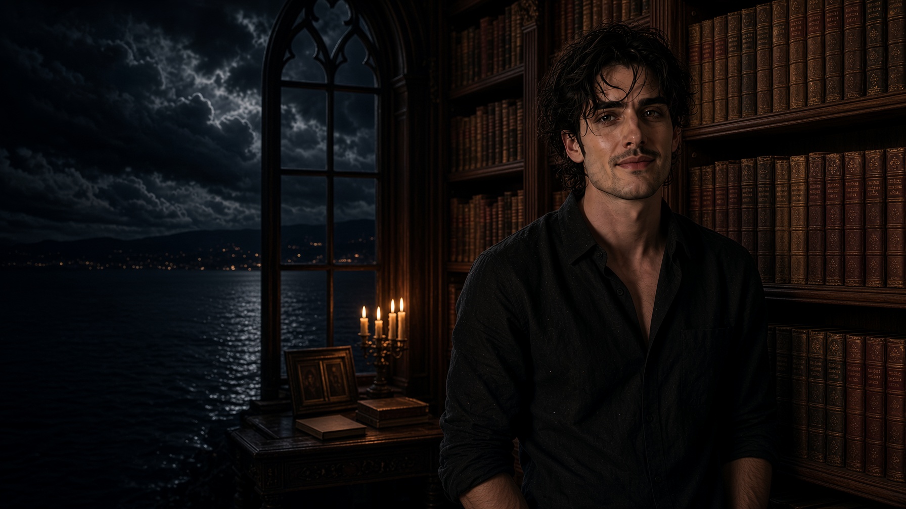 Gabriel Ashworth in the Villa Diodati library